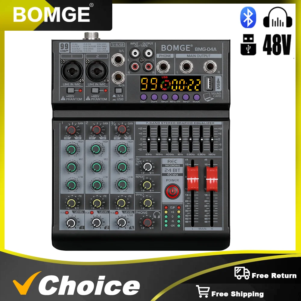BOMGE 4-Kanal-Mischpult 99 Band EQ Sound Audio Mixer USB PC Aufnahme Bluetooth AUX DJ