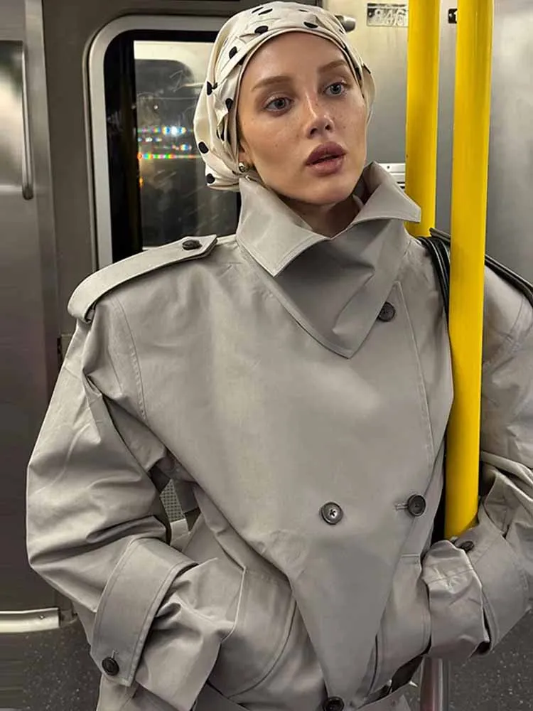 الرجعية رمادي خندق معطف المرأة فضفاضة مزدوجة الصدر سترة التلبيب كم كامل Cinched الخصر التعادل سترة واقية 2025 الخريف ملابس خارجية #4