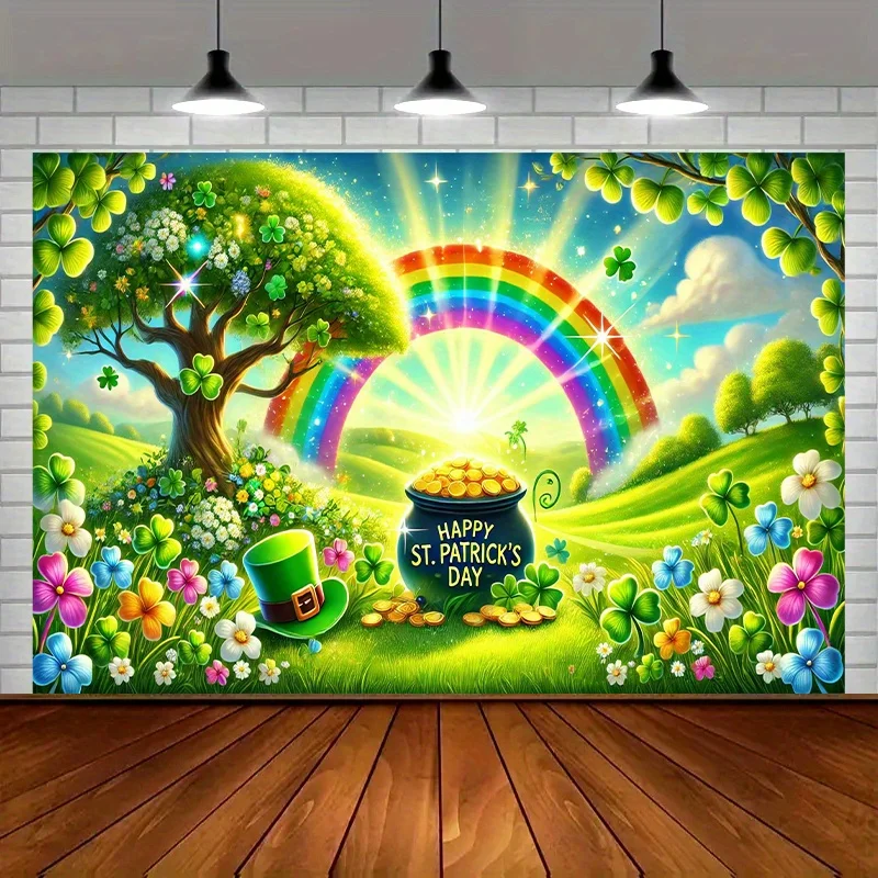 1 pancarta vibrante de poliéster con temática del Día de San Patricio, 8x6 pies, decoración colorida para fiestas con una vegetación exuberante, arcoíris y olla de oro