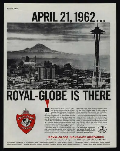 1962 ROYAL Insurance - WORLD'S FAIR SEATTLE - Space Needle - Mt. Rainier - AD