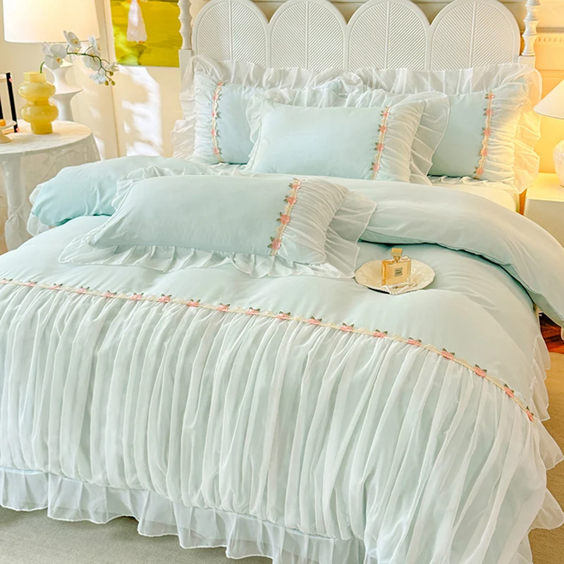 3/4Pcs Bedding Set Korean Princess Blue Lace Ruffle Duvet Cover Four-Season Double Bed Full-Size Boiled Cotton Bed Linen