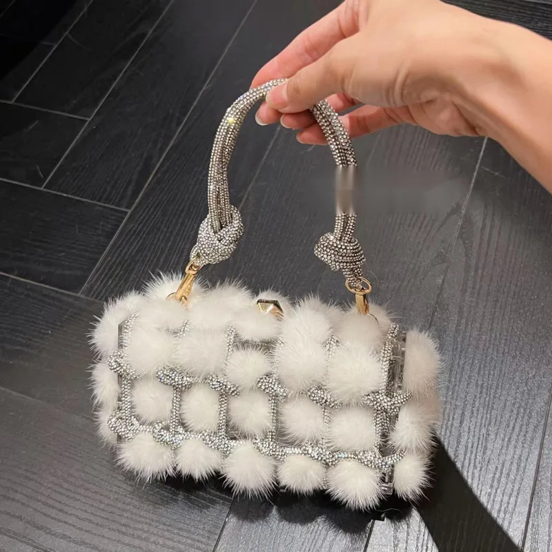 Autumn and winter furry woven shiny and non functional rhinestone banquet real rabbit plush box armpit small square bag