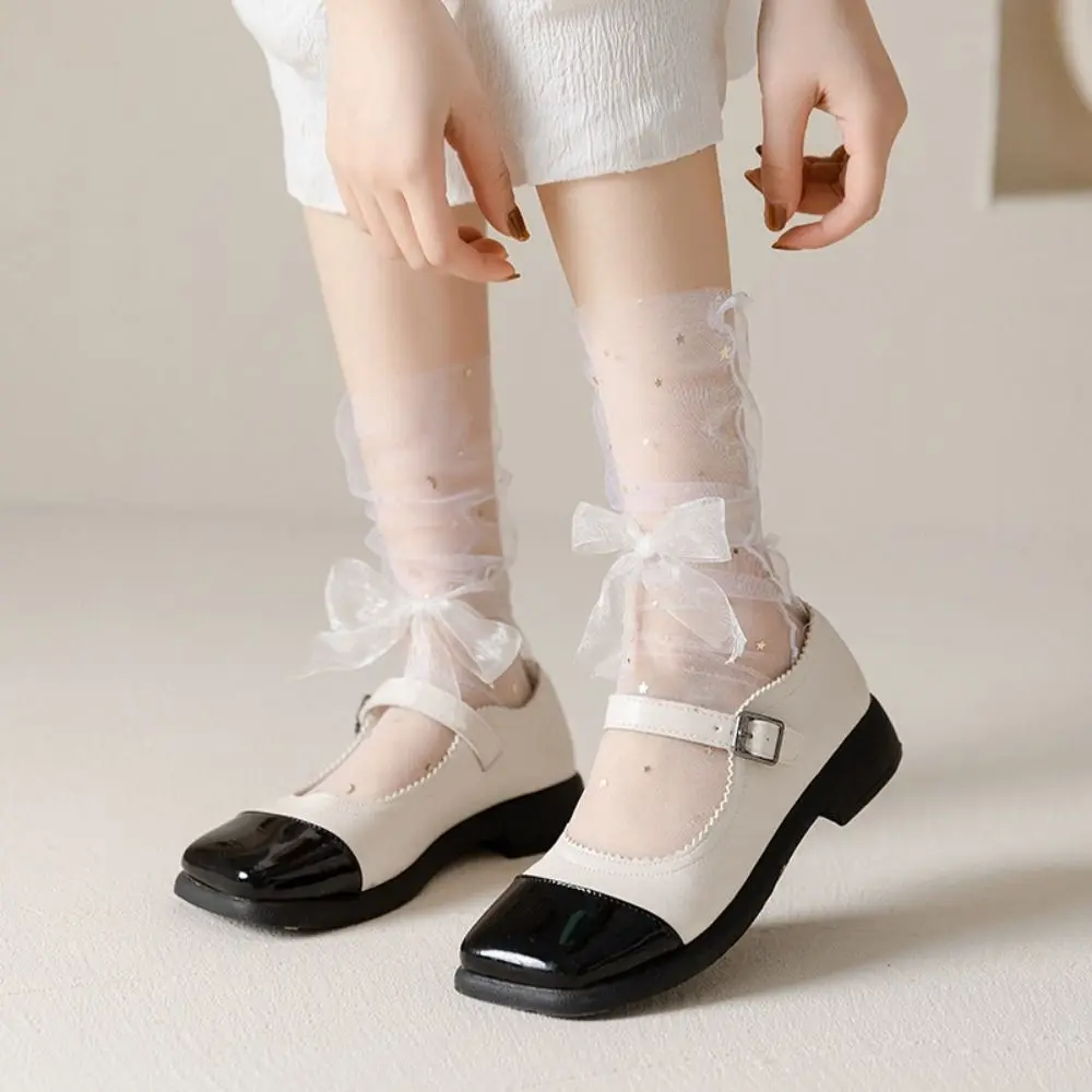 5Pairs Star Moon Transparent Bow Socks Mid-calf Breathable Tulle Shiny Socks Female Hosiery Sweet Mesh Tube Socks Women Lady