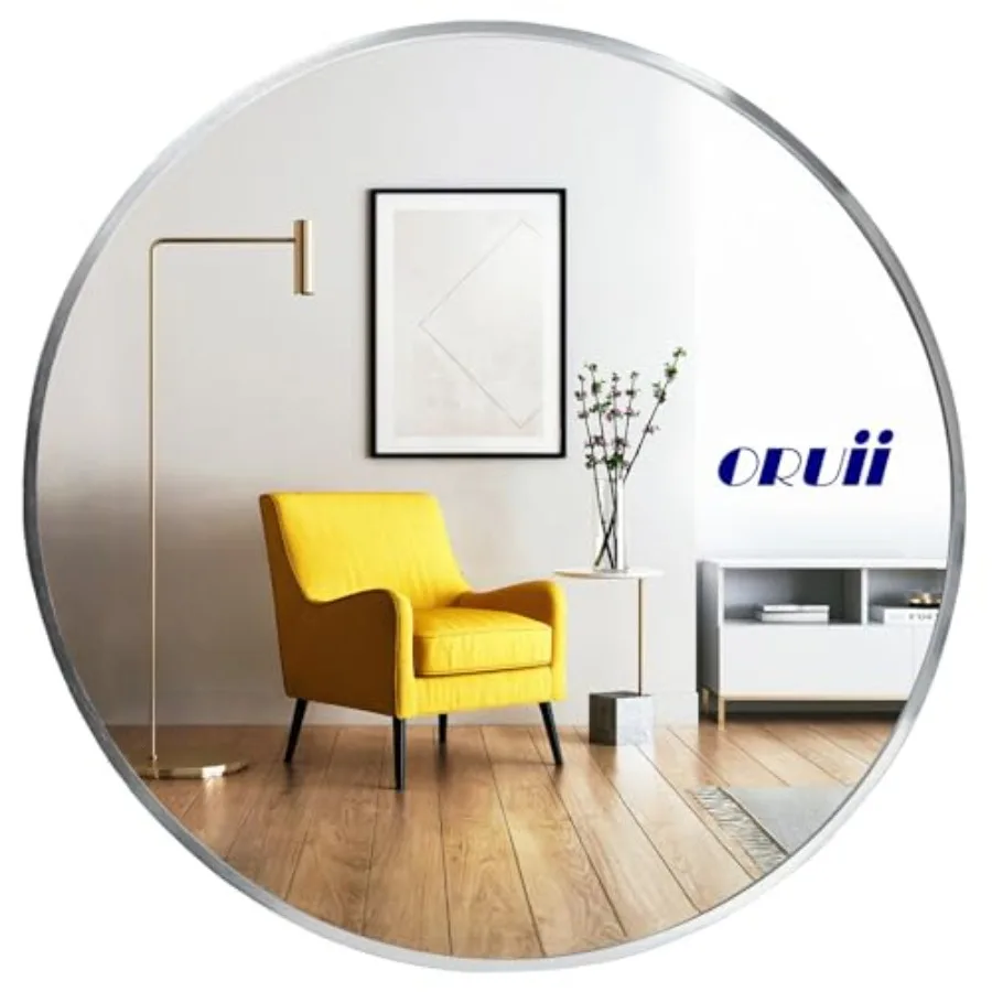 

Silver Round Mirror 24 inch Circle Bathroom Mirrors with Metal Frame for Wall Over Sink Bathroom Living Room Vanity Decorative