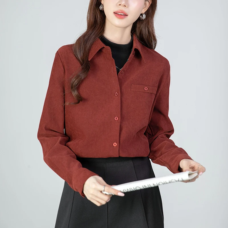 가을 겨울 빈티지 두꺼운 여성용 레드 블라우스 2025 신상 솔리드 싱글 브레스티드 오피스 워크웨어 캐주얼 루즈 셔츠 탑 여성용