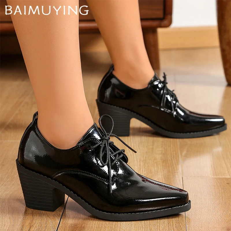 Pointed Toe Women Shoes Leather Mid Heels Elegnat Designer Lace Up Shoes Spring 2025 New Chunky Pumps Dress Zapatillas Mujer