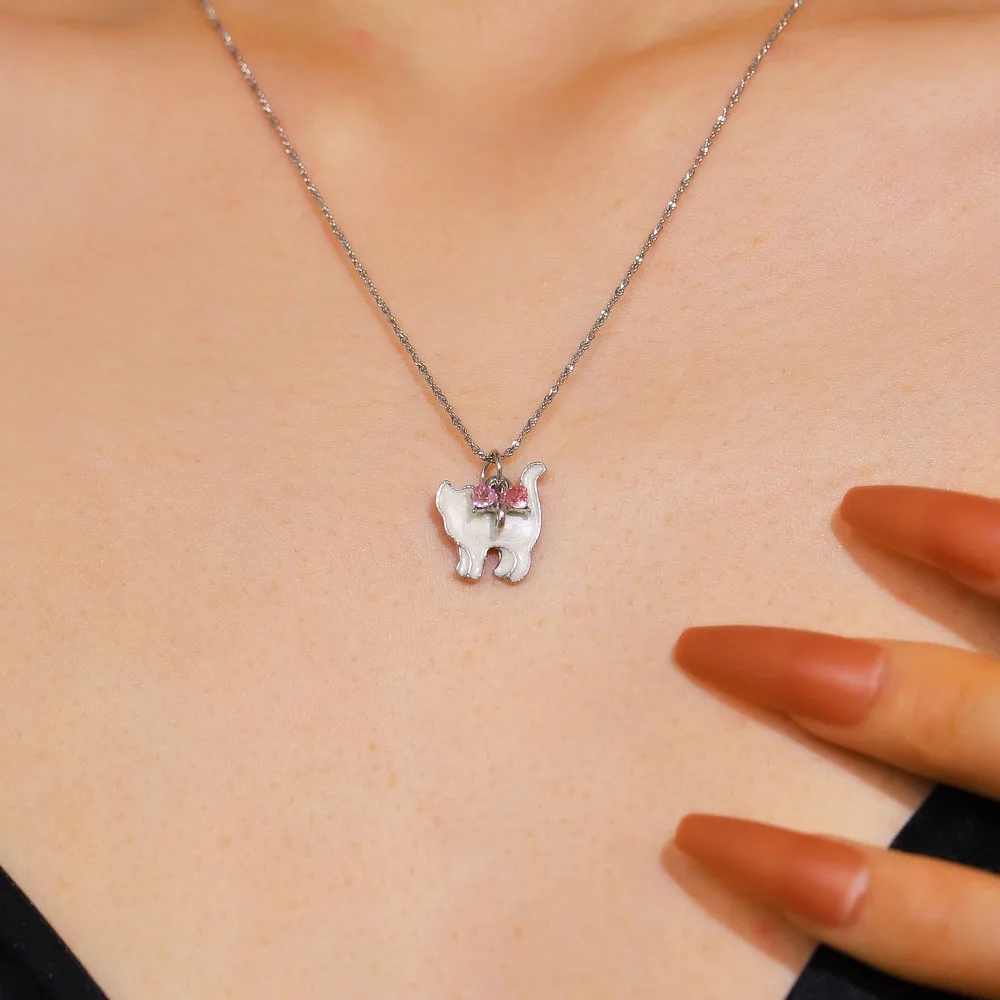 New Cute Mother of Pearl Cat Pink Crystal Bow Pendant Necklace for Women Girls Sweet Exquisite Silver Color Animal Jewelry Gifts