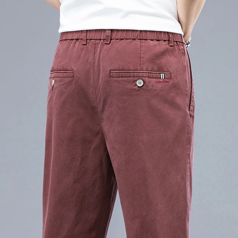 Calça casual de tecido Lyocell masculina, macia, aconchegante, respirável, fina, fina, elástica na cintura, coreia jogger, trabalho, calça vinho vermelho, masculina, verão, nova