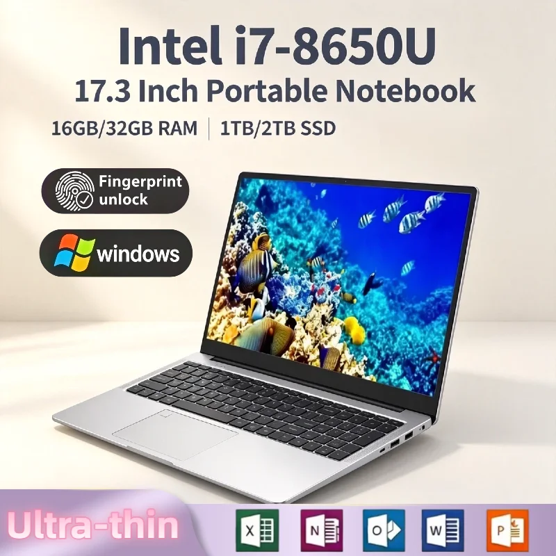 17.3 Inch Intel Core i7 8650U Laptop 16GB RAM 2TB SSD Fingerprint Unlock Full Size Gaming Work High Performance Pro