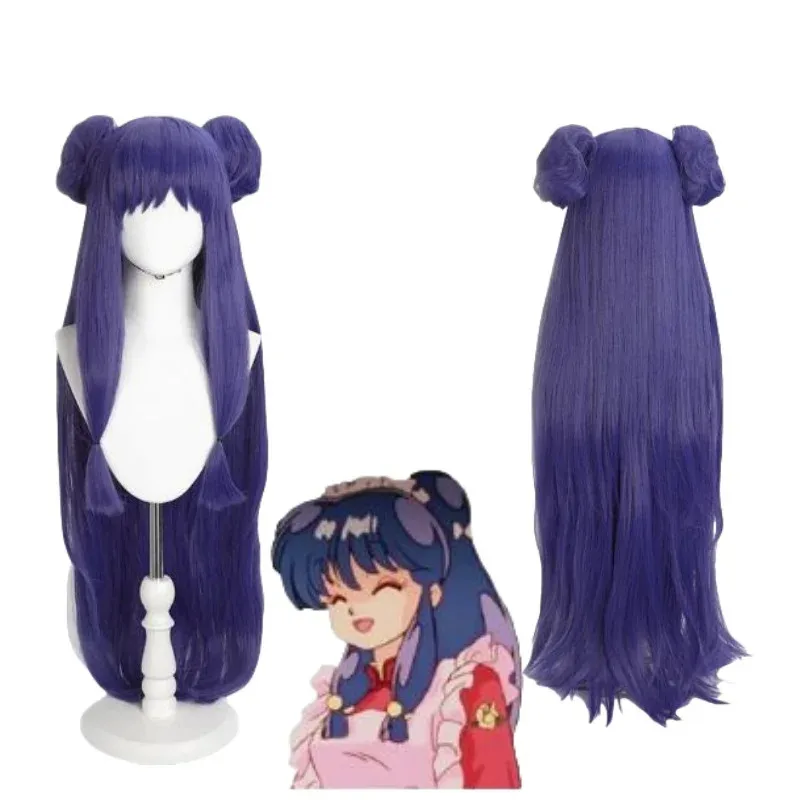 Wig Cosplay Anime Ranma 1/2 Ranma Nibun-no-Ichi Sanggul Panjang Ungu Alat Peraga Rambut Sintetis Tahan Panas