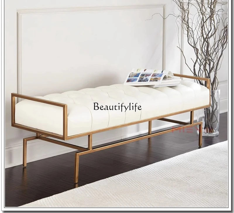 

American light luxury stainless steel shoe changing stool simple and fresh bedroom cotton and linen cloth buckle bedside stool