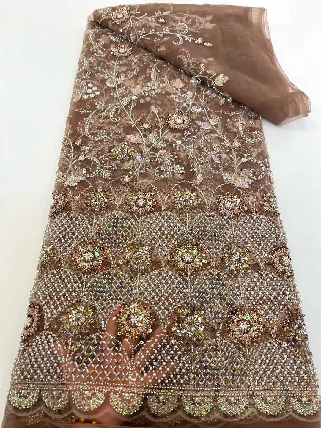 

African Lace Fabric 2025 High Quality French Luxury 3D Flower Sequins Embroidery Beads Tulle Lace Fabric For Party Dress