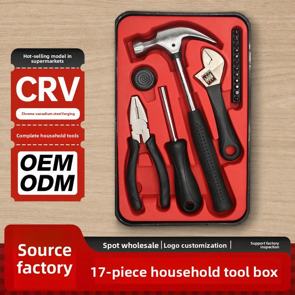 17 Piece Household Hand Tool Kit with Claw Hammer, Adjustable Wrench, Combination Pliers and Screwdriver Bits in a Compact