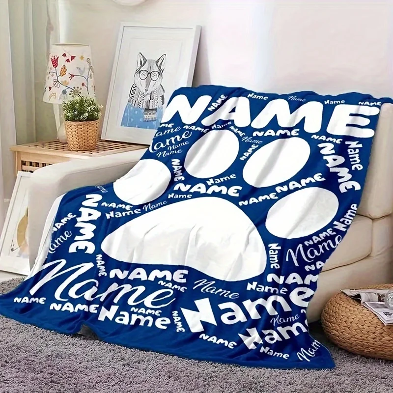 Personalized Dog Paw Print Flannel Blanket Custom Name Warm Cozy for Couch Bed Office Perfect Gift for Pet Owners Family Friends