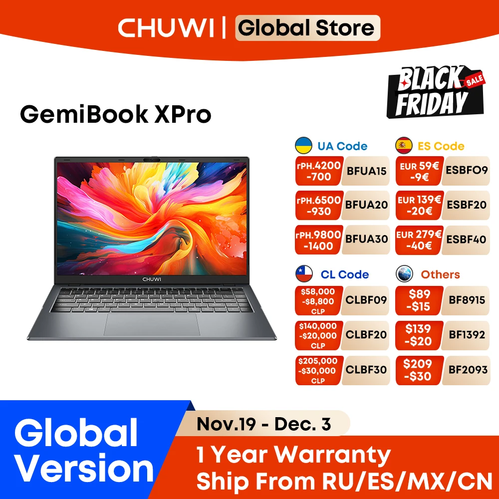 CHUWI 14.1-inch GemiBook XPro Laptop Intel N100/N150 Graphics 600 GPU Screen 8GB RAM 256GB SSD With Cooling Fan Windows 11