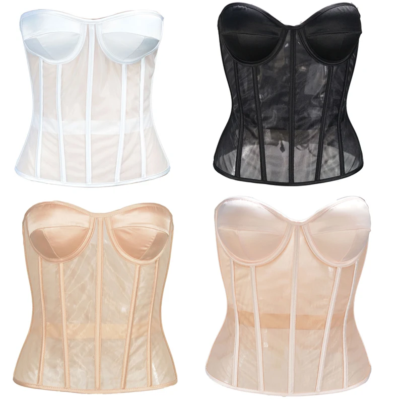 Mesh Perspective Fishbone Bra Women Black White Beige Solid Sexy Corset Bras