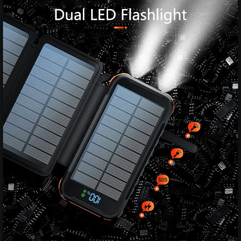 For IPhone 14 13 Samsung Xiaomi Poverbank with Cable LED Light Foldable Solar Power Bank 20000mAh Portable External Battery Pack