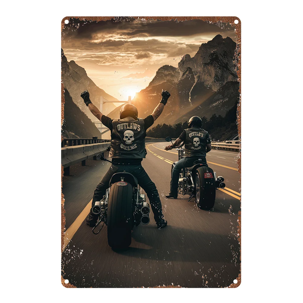 Décoration murale en aluminium, décoration en métal au design tendance « Motorcycle Outlaws Sunset Road », cadeau polyvalent pour la maison et le bureau