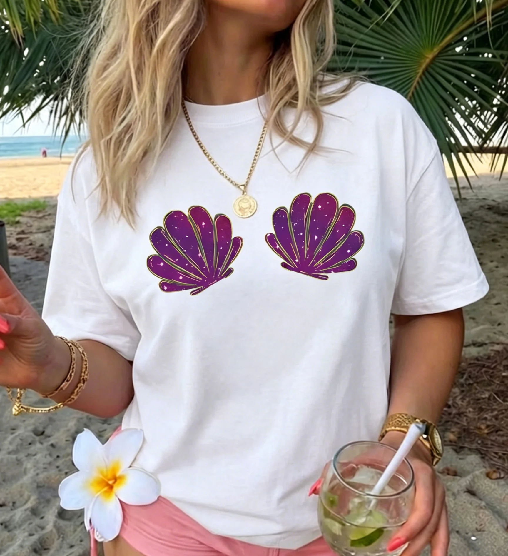 Purple Mermaid Seashell Graphic Tee White Summer Beach T-Shirt Cute Shell Bra Top Casual Holiday Short Sleeve Loose Style