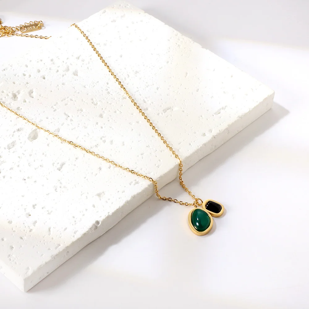 Luxus Stahl Vintage geometrische ovale grüne schwarze Stein Anhänger Halskette für Frauen Mädchen 316l Edelstahl Schlüsselbein Kette Schmuck