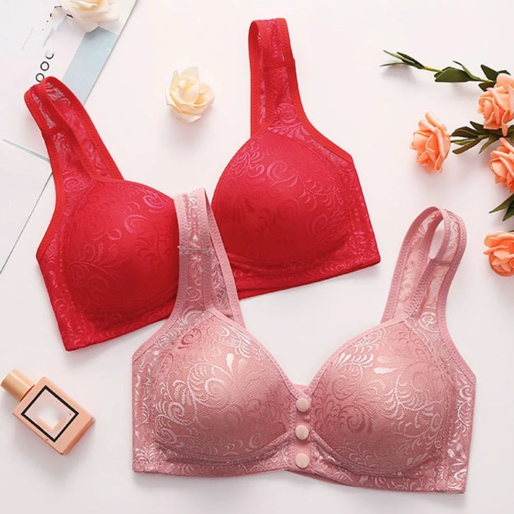 Sweet Mesh Lace Floral Bra Plus Size Seamless Wireless Bras Women Lingerie Widen Band Front Button Elderly Bra Lingerie