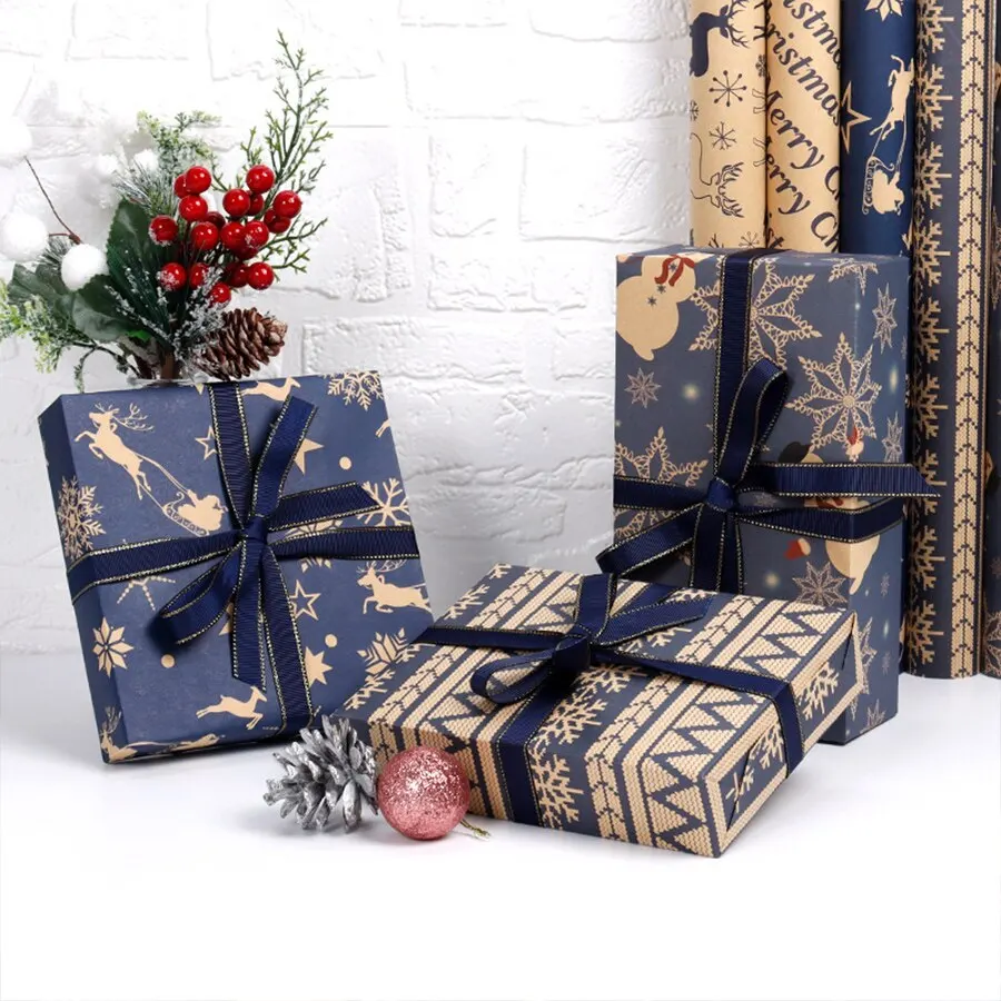 5pcs50*76cm Christmas Gift Wrapping Paper Elk Snowman Decorative Kraft Paper Origami Wrapping Paper Mixed Random