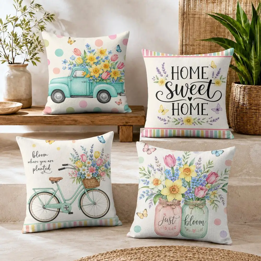 Summer Flowers Cushion Cover Short Plush Soft Double-Sided Printing Pillow Case Cozy Sofa Bedroom Home Decor Gift