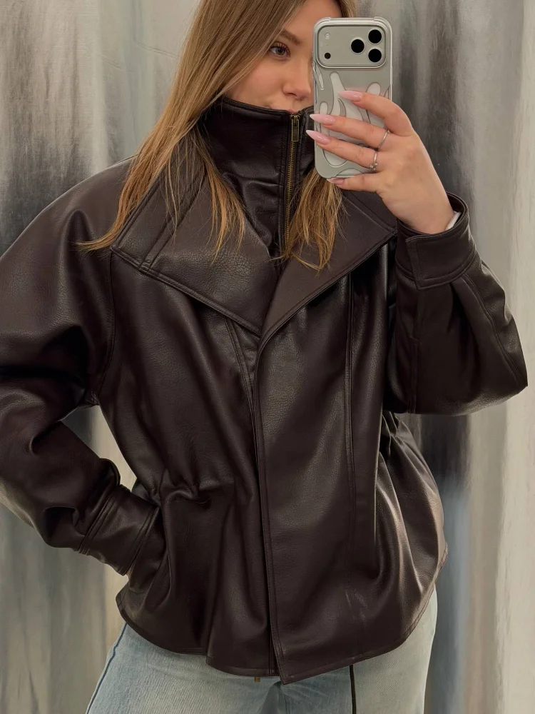 

Женская кожаная куртка с высоким воротником и двойным слоем, оверсайз, с рукавами-фонариками, на шнуровке, новинка 2026 года, повседневная уличная одежда для женщин