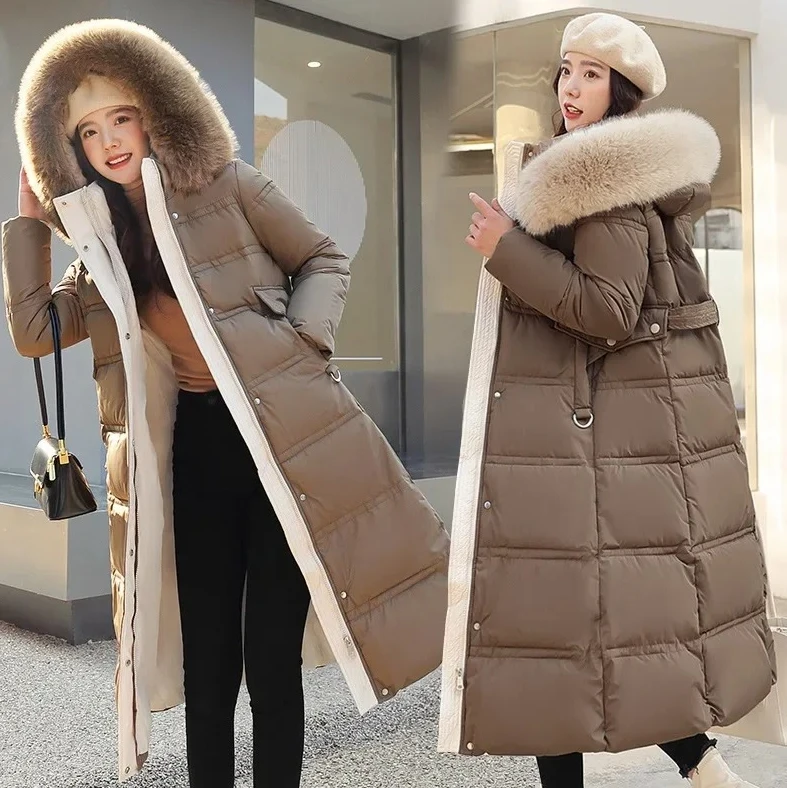 

Thermal Padded Jacket for Women 2025 New Winter Long Down Cotton Parka with Faux Fur Collar Thick Loose Large Size Coat
