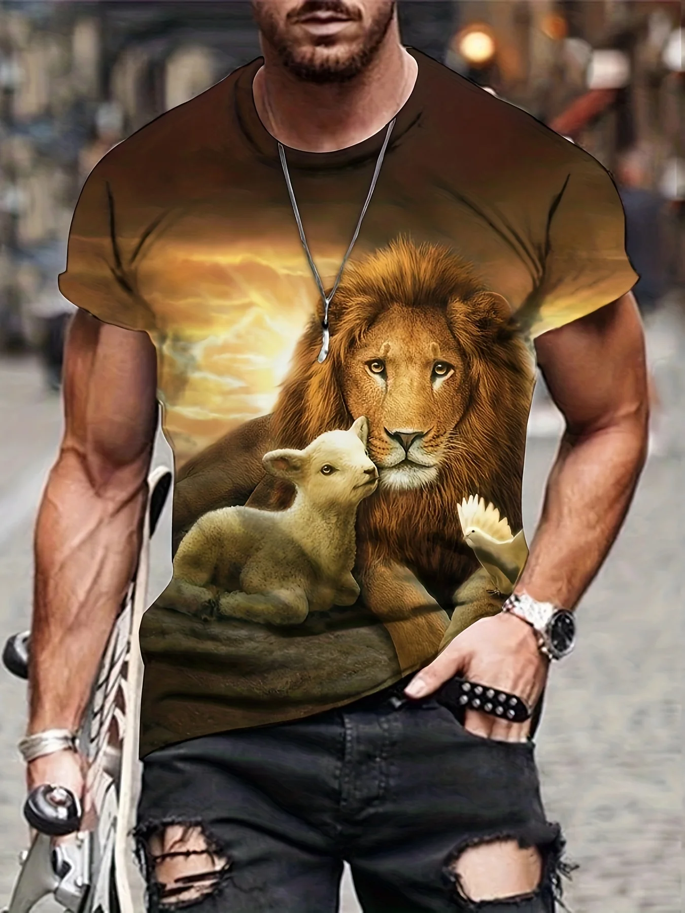 Men's Lion Lamb Peace Dove Print T-Shirt Sunset Wildlife Religious Symbol Crew Neck Casual Top