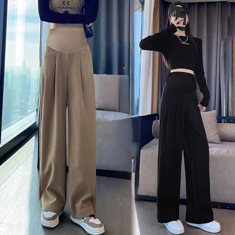 2024 Autumn Pregnant Woman Belly Trousers Korean Style Long Loose Fashion Maternity Empired Pants Wide Legs Pregnancy Trousers