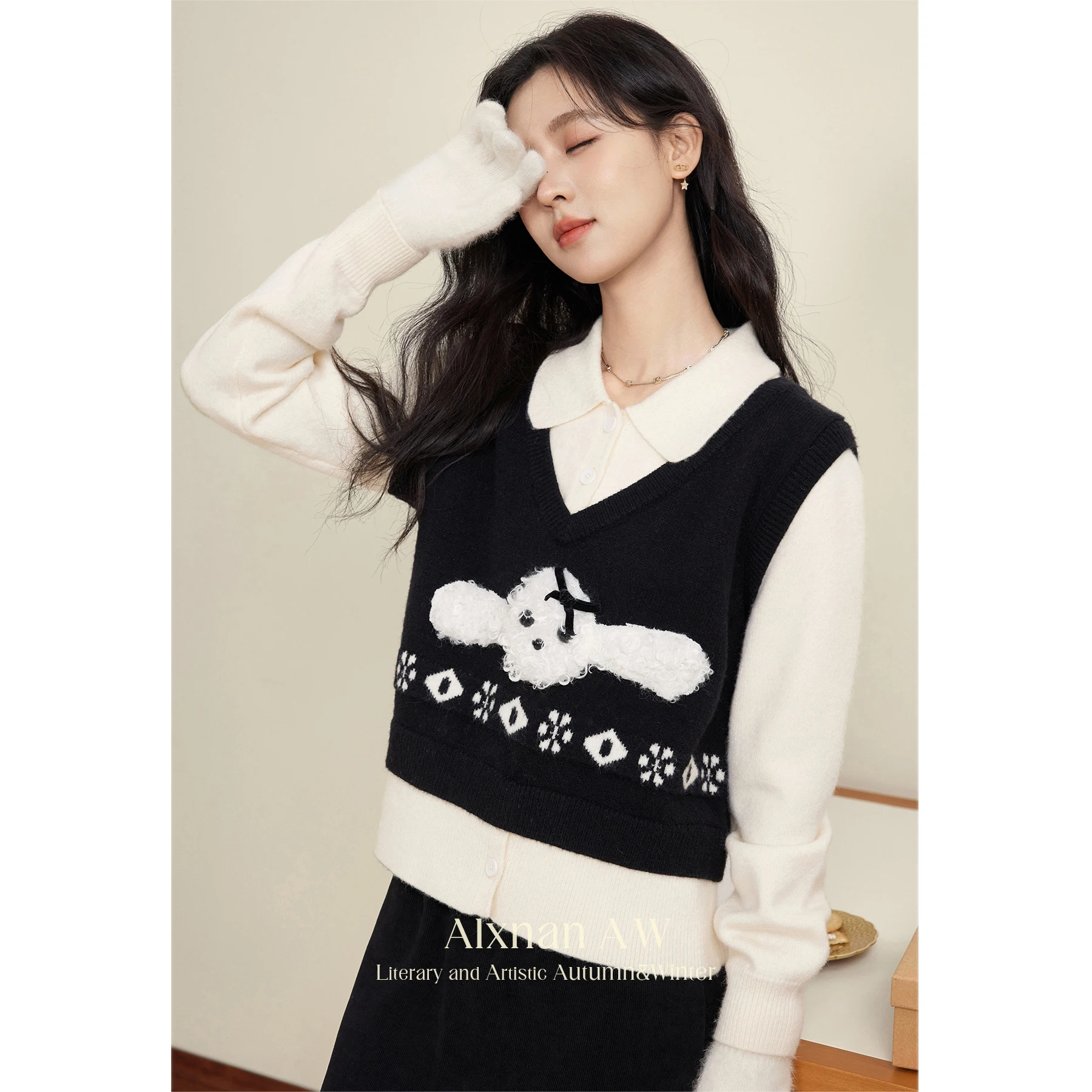 ALXNAN 2 in 1 Patchwork Sweaters for Women Polo Collar Plush Puppy Pattern Velvet Bow Jumper 2024 Autumn Winter Pullovers L51311