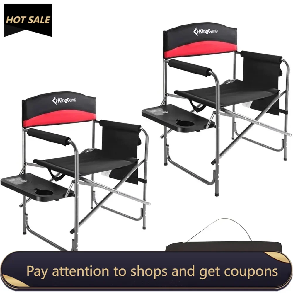 Camping Directors Chairs Supports 400 Pounds for Adults, Padded Folding Portable Camping Chair with Side Table, Red (2-Pack)