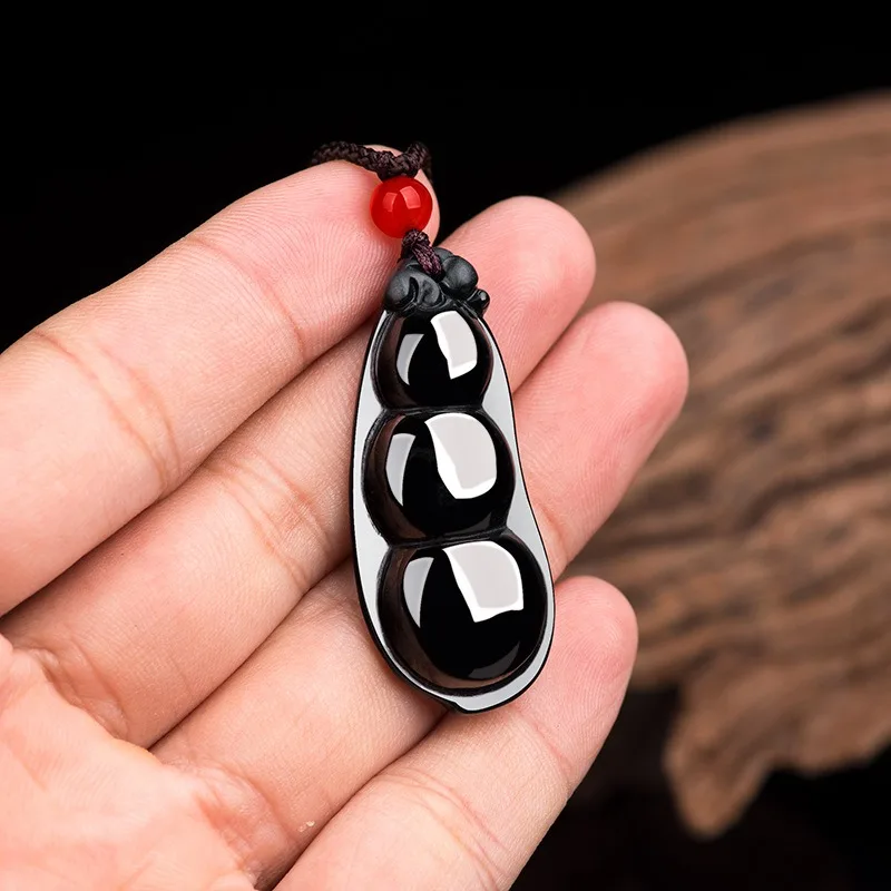 Genuine Natural Burmese Black Emerald Beans Pendant Necklace Jade Hand-carved Fashion Charm Jewelry Amulet Gifts for Men Luxury