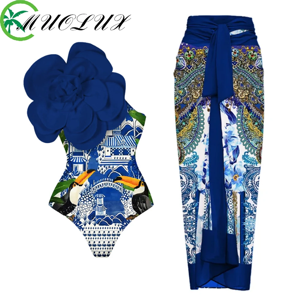 

Blue One-Shoulder Ruffled Print Floral Swimsuit Set Cover Up Single Piece Micro Monokini Sexy Swimwear One-piece Women Swimsuit