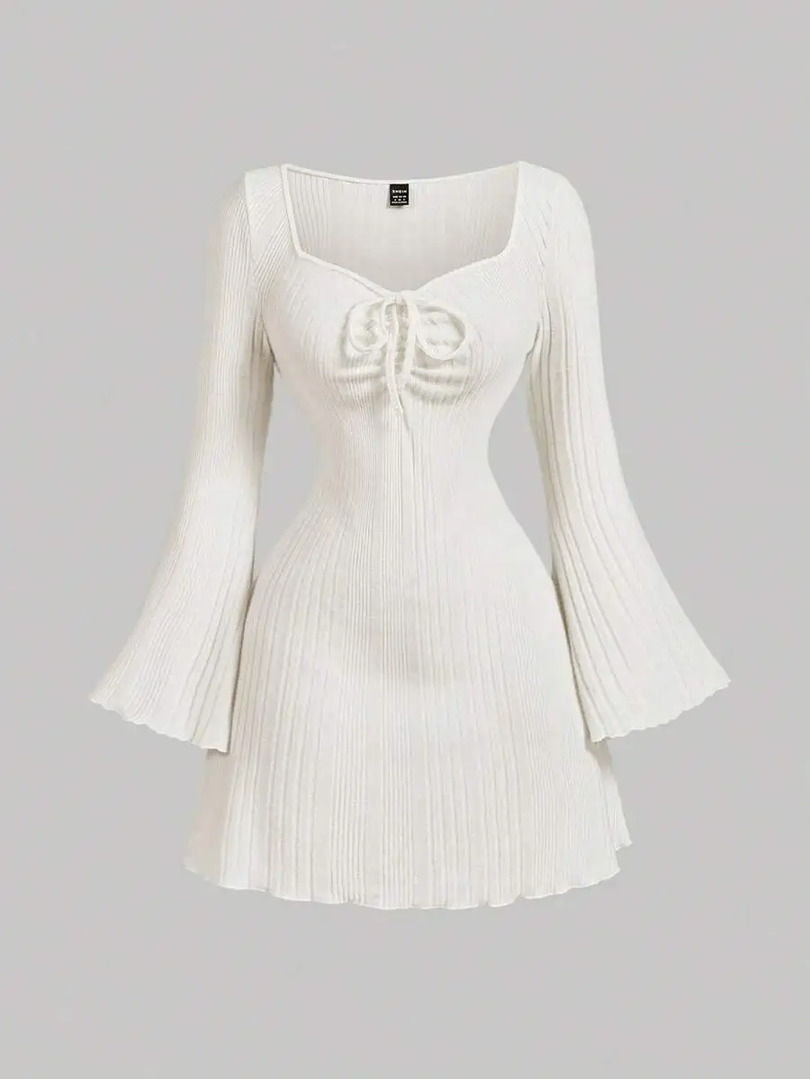 

Ivory Ribbed Knit Mini Dress with Square Neck and Bell Sleeves