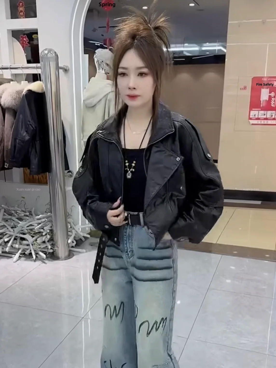 

Ning 2026 New Sle Women's Leather Jaet eepskin Coat Luxury Feel Long Sve Zipper Closure Quilted Pattern