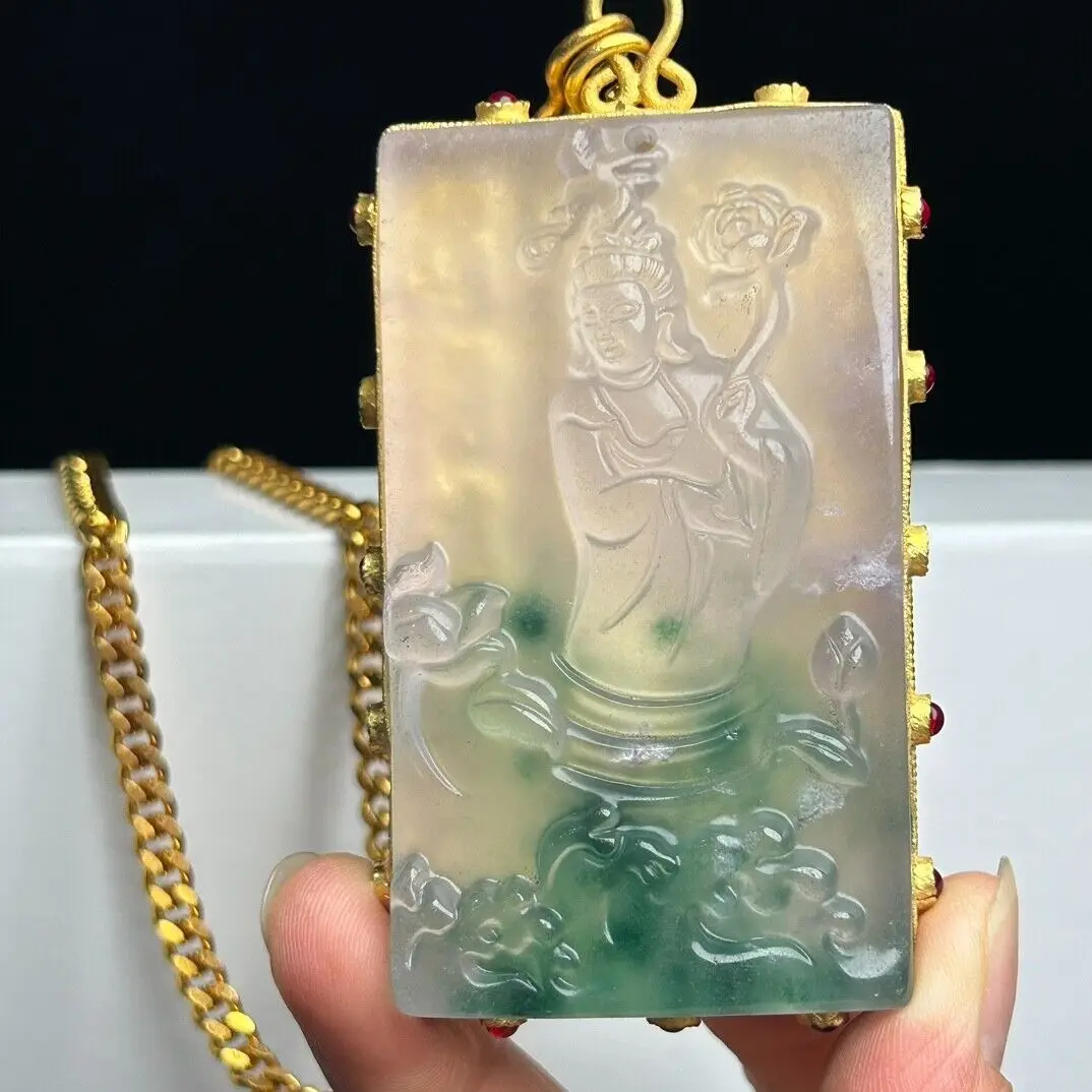 Chinese Natural Jade High Ice Carved Kwan-yin Statues Pendant Necklaces Amulet