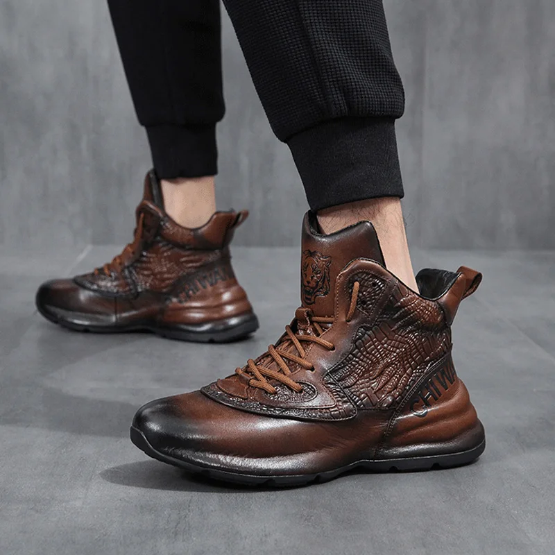 Autumn Winter Korean Style Men Full Grain Leather Ankle Short Boots Male High-top Casual Genuine Leather Sneakers Shoes