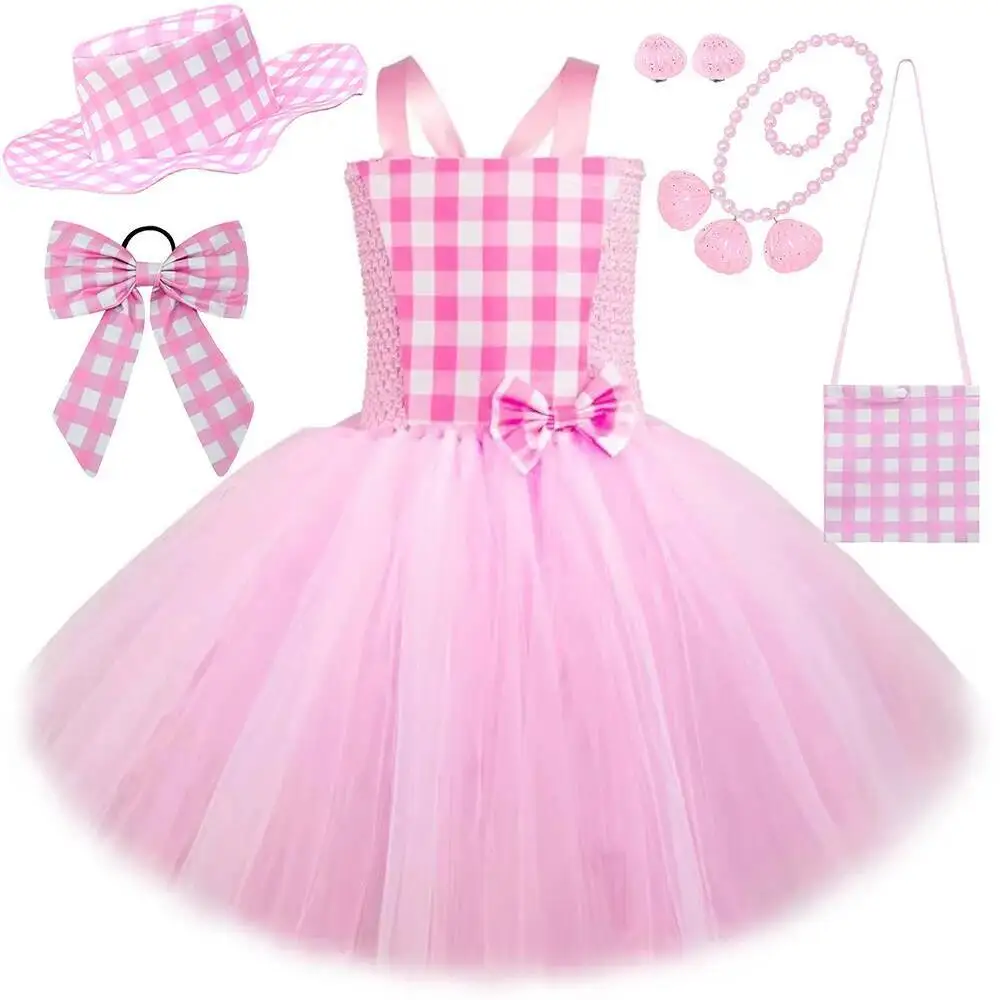 

Розовое клетчатое балетное платье-пачка Барби для девочек, костюмы принцессы на день рождения, Новый год, детский наряд на Рождество и Хэллоуин с бантом