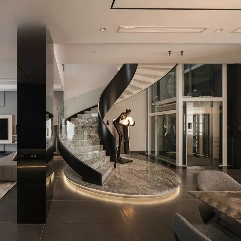 Curved slate staircase marble rotating spiral interior overall custom villa duplex loft self-built house home