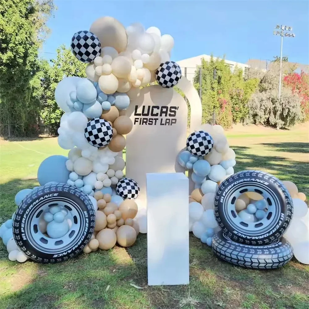 118Pcs Tire Balloon Garland Arch Kit Checkered Car Wheel Foil Balloon Boy's Birthday Party Baby Shower Decoration