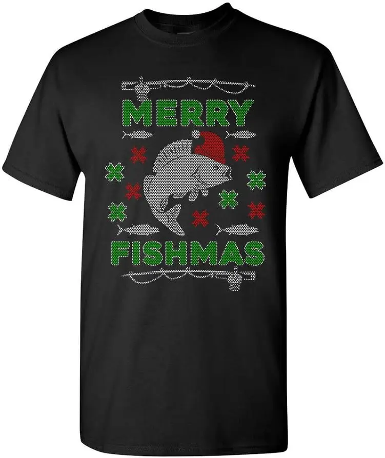 Merry Fishmas Fish Santa Hat Ugly Christmas DT Adult T-Shirt Tee (Medium, Black)