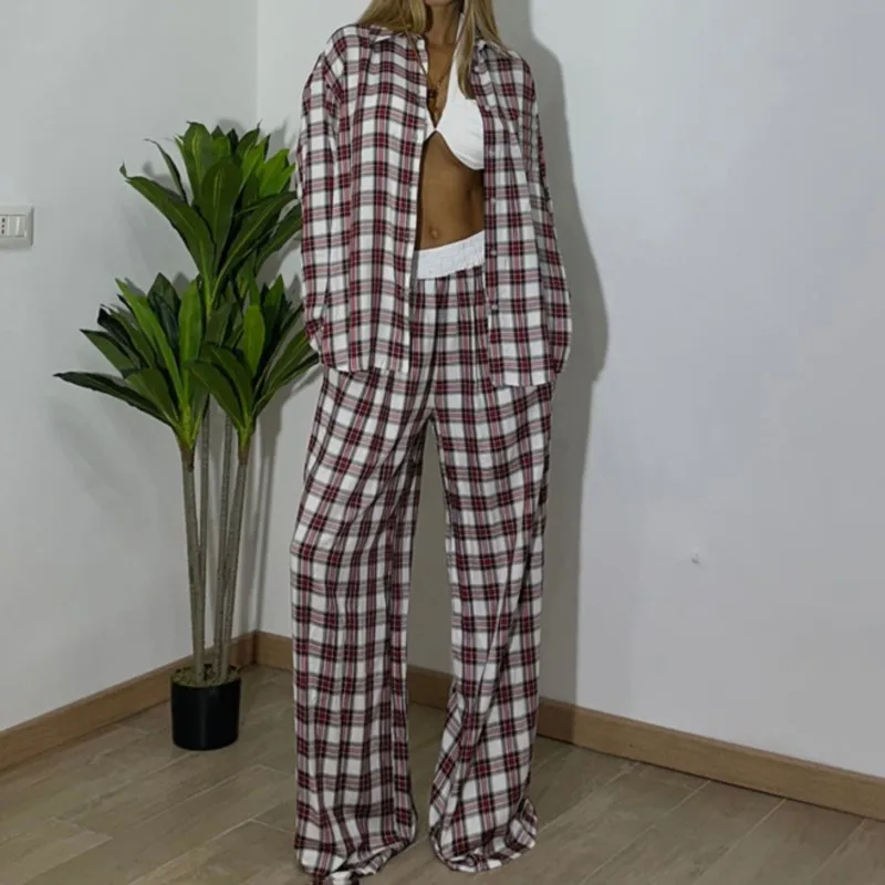 

Fashion Loose Plaid Print Trousers Sets For Women 2 Pieces 2025 Elegant Long Sleeve Shirt With High Waist Wide Pants Set