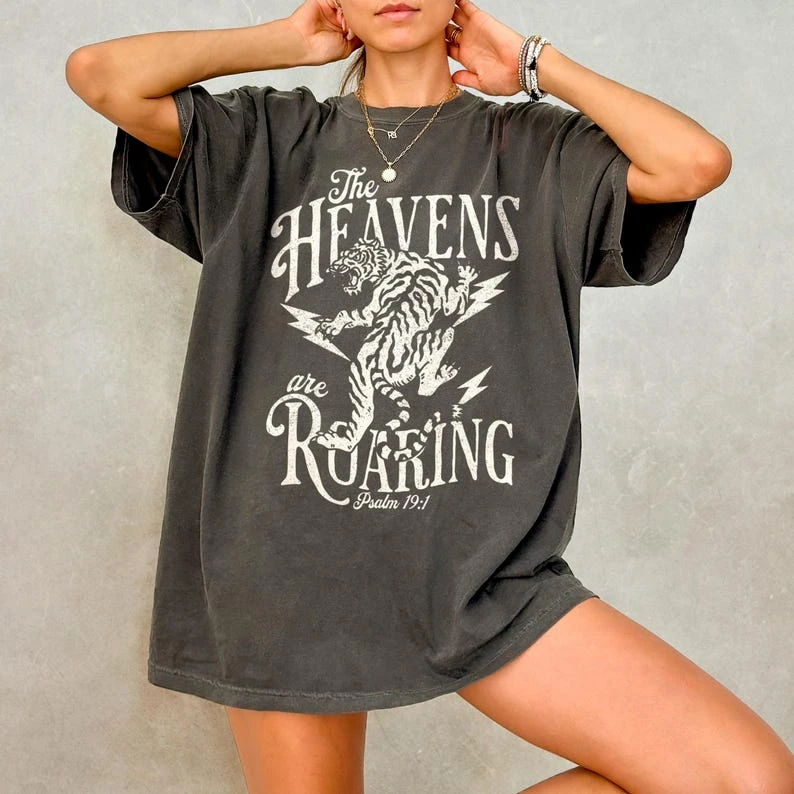 The Heavens Are Roaring Tiger Graphic T Shirt Vintage Faith Quote Print Unisex Casual Short Sleeve Oversized Daily Tee Tops