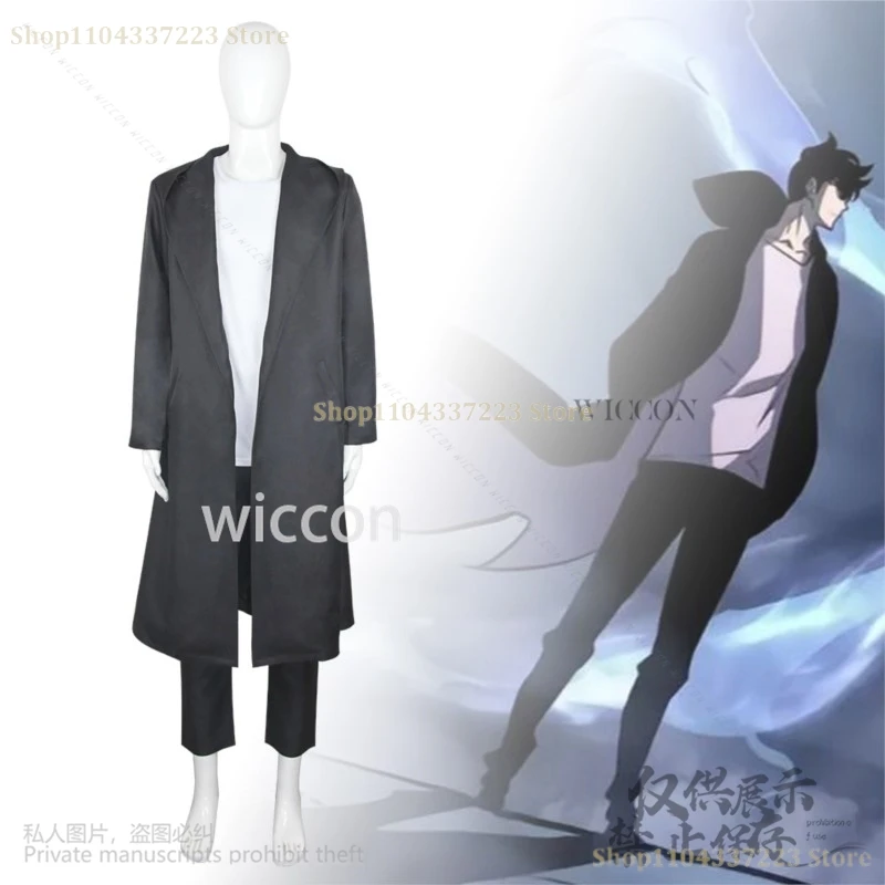 Anime Solo Leveling 나 혼자만 레벨업 Cosplay Costume Sung Jin Woo Black Coat Pants Uniform Wig Suit For Man Halloween Party Customized