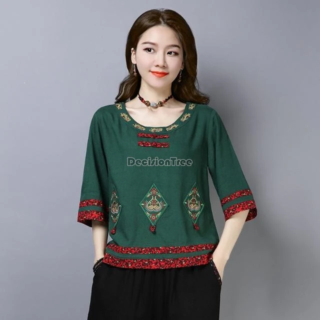 2025 chinese style women's spring summer new national style embroidered disc buckle loose cheongsam top retro cotton blouse b168 image 3