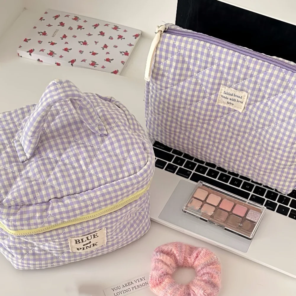 Simple Solid Color Plaid Women\'s Cosmetic Bag Fashion Sweet Soft Fabric Ladies Storage Bags Large Capacity Female Clutch Handbag