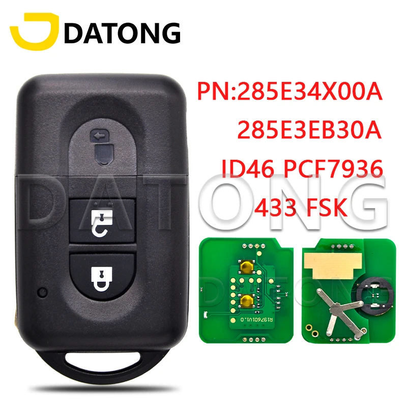 

Datong World Car Remote Control Key For Nisan Juke Navara Micra Xtrail Qashqai Duke 433FSK ID46Chip PN:285E34X00A/285E3EB30A Key