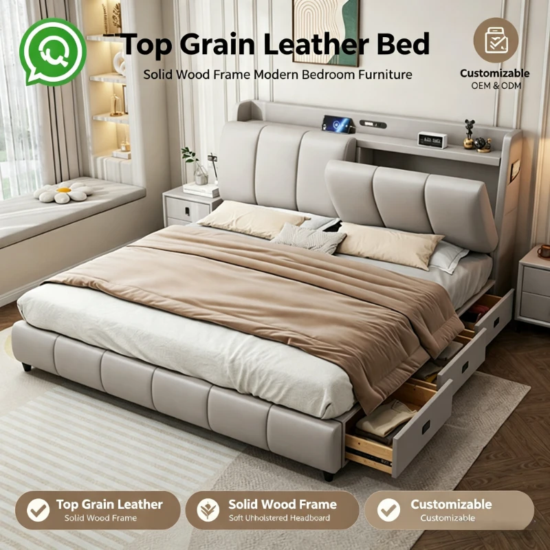 Multifunctional Leather Bed Frame, Solid Wood Base, Storage Drawers & USB Charging Headboard Home Bedroom Furniture